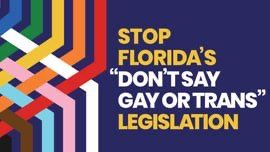 Logo of the poster that denounces the law that prohibits teachers in Florida from discussing sexual orientation or gender identity in front of their students. It says let's stop the law: "Don't say gay or trans" (Don't say Gay or Trans)